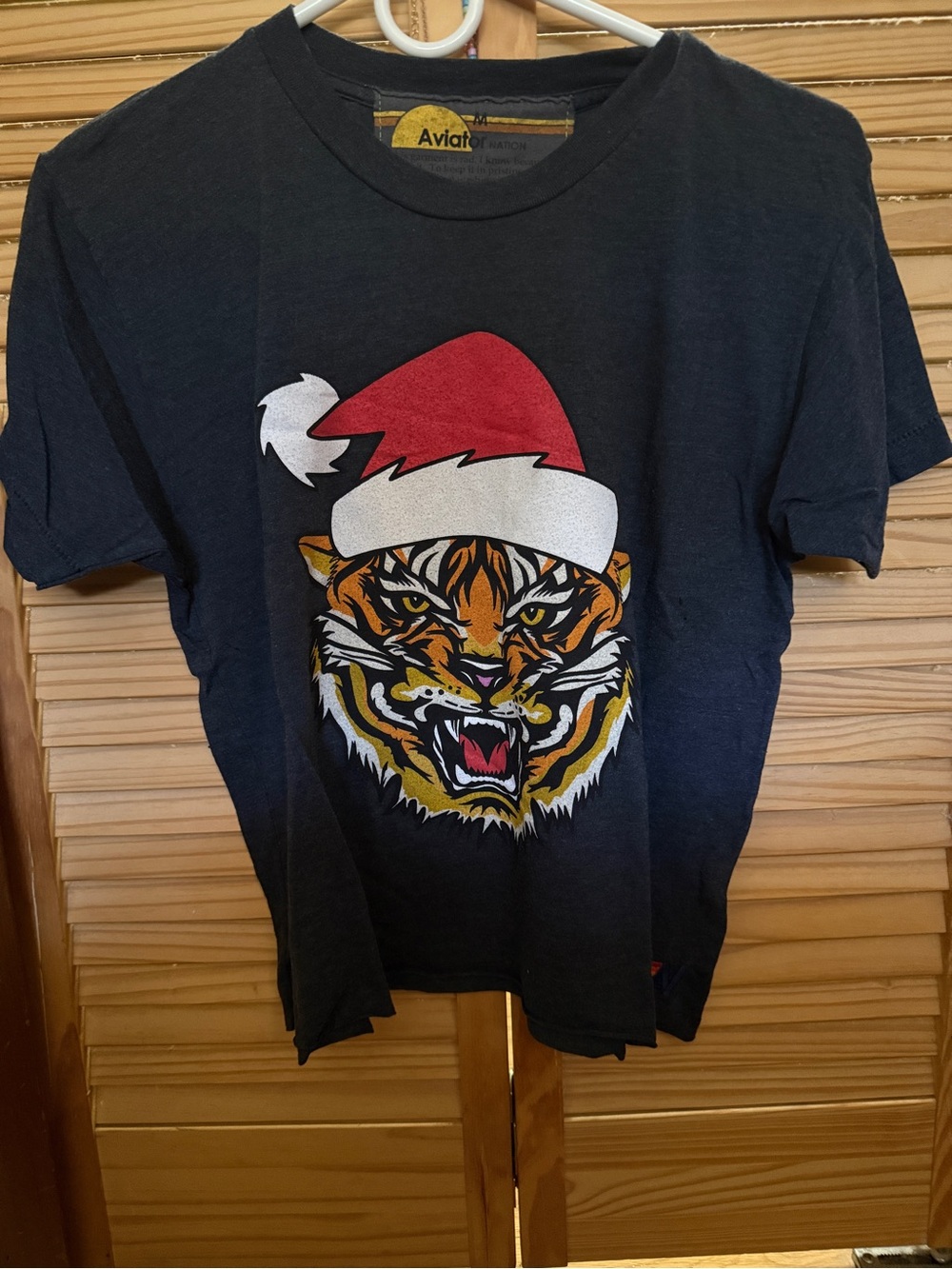 Aviator Nation Black Tiger Graphic Tee with Red Santa Hat